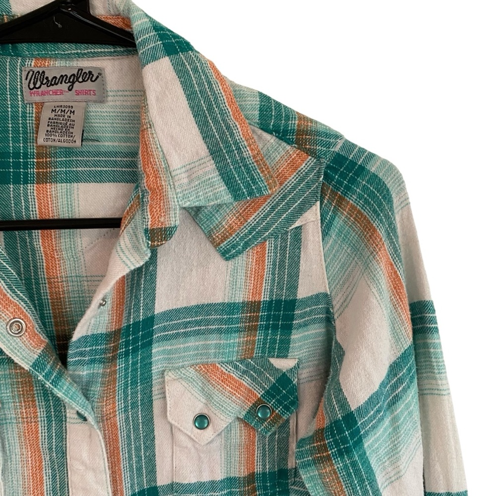 wrangler wrancher shirt pearl snap womens size medium plaid western cowgirl blue